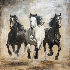 Three Majestic Horses Running Wild and Free