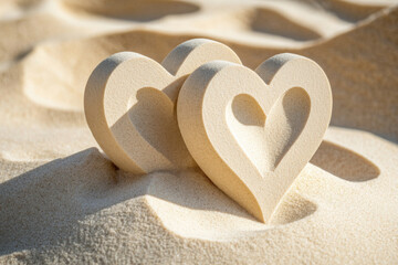 Fototapeta premium Close up of two heart shapes carved in fine sand, symbolizing love