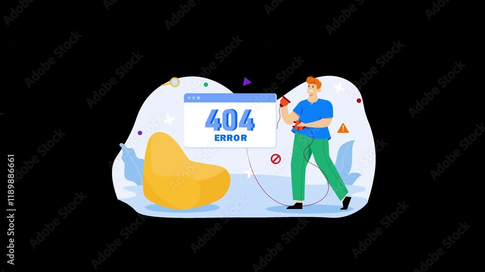 Poster a cartoon man in casual clothes announcing a 404 error on a computer screen, set against a minimalis
