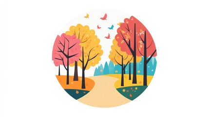 Autumn park path, colorful trees, birds flying, fall foliage, nature illustration