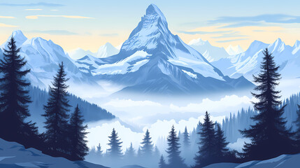 Obraz premium Snow-capped matterhorn mountain towered above a serene winter landscape, surrounded by frosty pine trees and a misty veil of morning fog in the swiss alps. Windcrest. Illustration