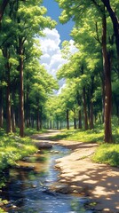 Obraz premium Sunlit path through lush green forest with stream.