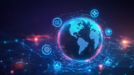 Obraz premium A generative AIinspired Earth with polygonal mesh layers, glowing with neon colors, surrounded by holographic icons representing worldwide technology and social networks