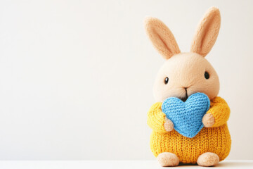 Obraz premium Plush bunny in yellow sweater holding blue heart, evoking warmth and joy