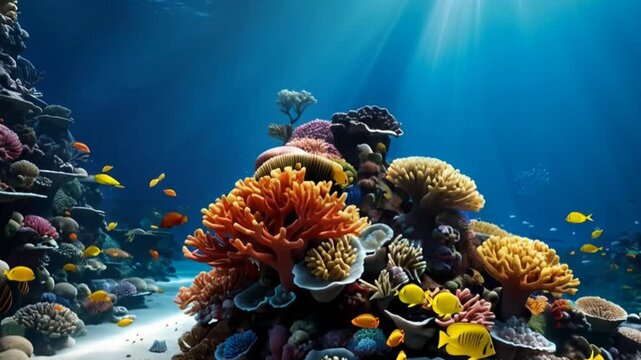 Colorful coral reef underwater with fish swimming in clear blue water and sun rays. Seamless looping 4k time-lapse animation video background