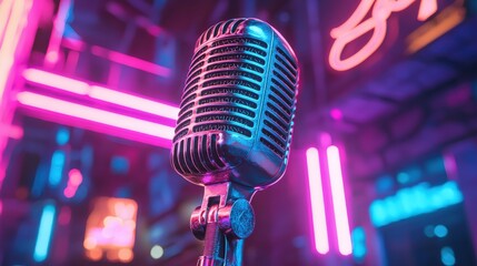 Vintage Microphone Under Neon Lights