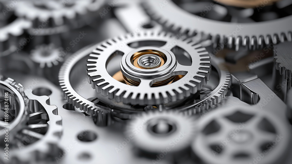 Poster a detailed close-up showcasing the intricate mechanics of precisely interlocking gears, highlighting