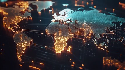 Fototapeta premium A global network concept with illuminated lines connecting key cities across the world map, symbolizing international business, global trade, and digital connections
