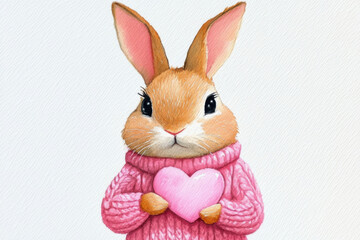 Obraz premium cute bunny wearing pink hand knitted sweater holds heart, radiating warmth and joy