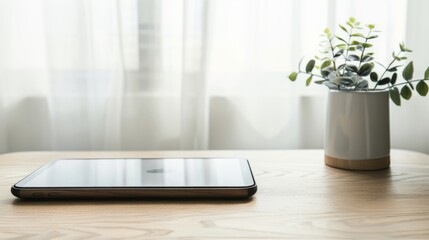Fototapeta premium Close-up of a sleek, modern tablet on a minimalist desk with soft natural lighting, 