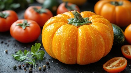 Small orange pumpkin with tomatoes and herbs.