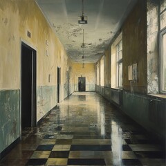 Fototapeta premium Deserted Hallway: Exploring the Haunting Beauty of Decay