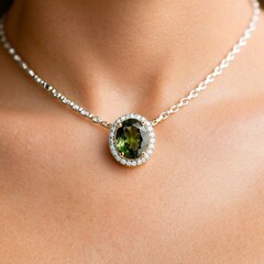 A close-up of a woman's neck features a delicate silver necklace with a large oval-shaped green gemstone, surrounded by smaller diamonds.