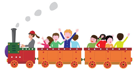 レトロな蒸気機関車に乗って楽しんでいる子供たち。 © shin28