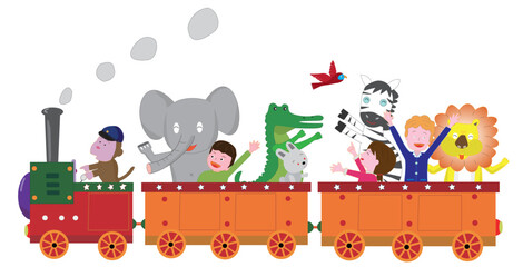 レトロな蒸気機関車に乗って楽しんでいる子供と動物たち。