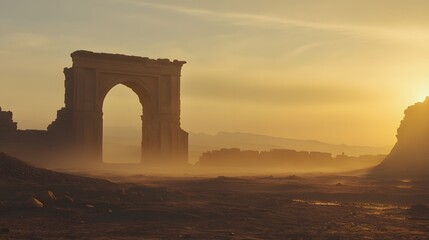 Naklejka premium Ancient Archway Ruins Sunset Desert Landscape