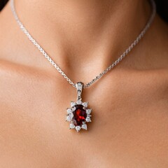 A close-up of a woman's neck features a silver necklace with a red gemstone pendant and a chain.