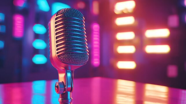 Vintage Microphone in Colorful Neon Lights