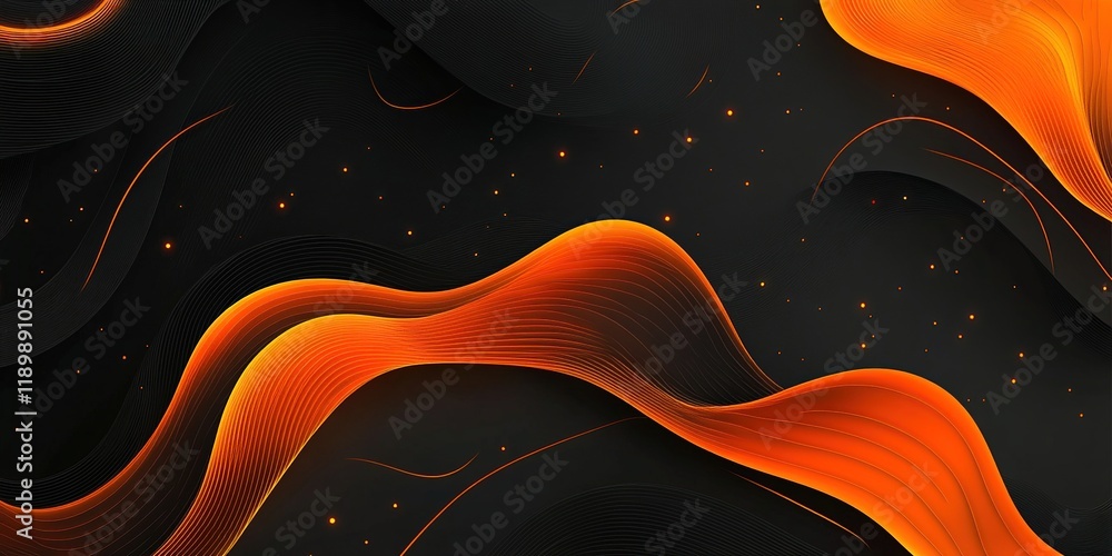 Poster orange waves flow smoothly across dark background with subtle glimmering lights