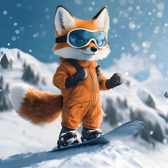Fox on snowboard enjoying winter sports in snowy mountains during bright sunny day. Generative AI