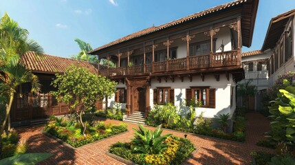 Obraz premium Charming Colonial-Style House with Lush Garden Courtyard and Historic Architectural Details