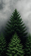 Fototapeta premium Symmetrical Rows of Tall Evergreen Trees in a Misty Forest