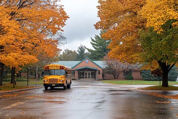 Obraz premium School Bus Arrives at School on Rainy Autumn Day with Colorful Trees