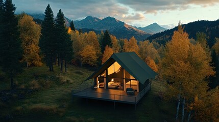 Cozy Glamping Retreat Nestled in Vibrant Autumn Landscape Surrounded by Majestic Mountains and Lush Forest in a Serene Wilderness Setting