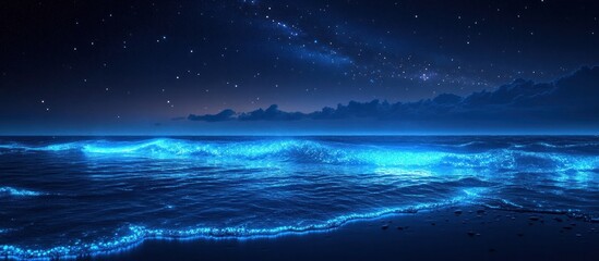 Breathtaking view of glowing ocean waves crashing against the shoreline under a captivating starry night sky creating a mesmerizing and serene nightscape