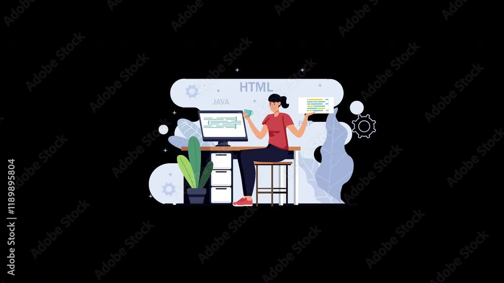 Poster a young woman, focused on coding with computer screens, represents technological innovation in a mod