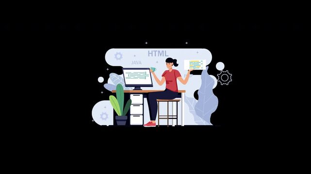 A young woman, focused on coding with computer screens, represents technological innovation in a modern workspace.
