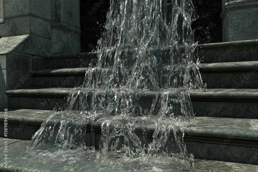 Poster cascading water over stone steps in a tranquil garden setting with lush greenery and serenity