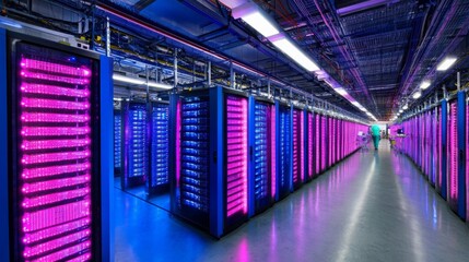 Fototapeta premium Futuristic Server Room Filled with Rows of Colorful Racks Illuminated in Neon Pink and Blue Lights, Reflecting Modern Data Center Technology and Innovation