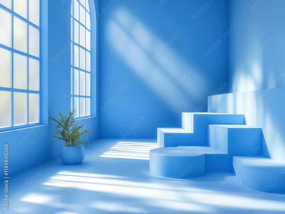 Poster geometric blocks in soft blue and white minimalist composition 3d render