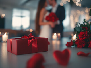 Marry me concept, wedding engagement couple with red candles, roses bouquet. Happy valentine's day concept. Close up, copy space, front view