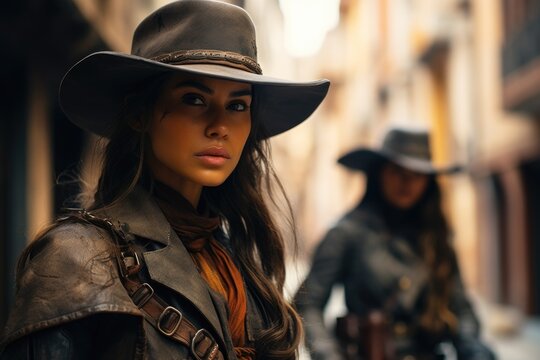 Wild west women: cowboy hats, frontier adventure, rugged charm, western heritage, iconic look, pioneering spirit, vintage trunks, bold attire, cowgirl essence, western journey, female resilience.