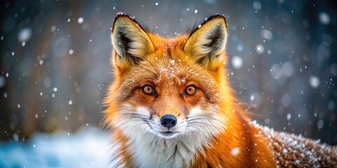 Obraz premium Close Up Portrait of a Majestic Wild Cross Fox with Striking Colors in a Winter Wonderland, Showcasing Nature's Beauty and Wildlife in a Tilt-Shift Photography Style