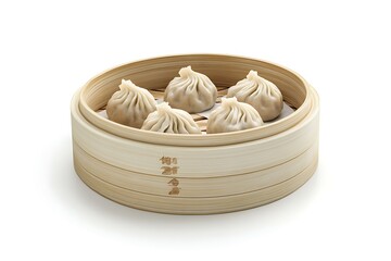 steamed dumpling in bamboo steamer isolated on white background