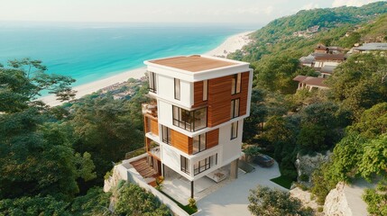 Modern Cliffside House Overlooking Ocean with Lush Greenery - Ideal for Real Estate Promotions