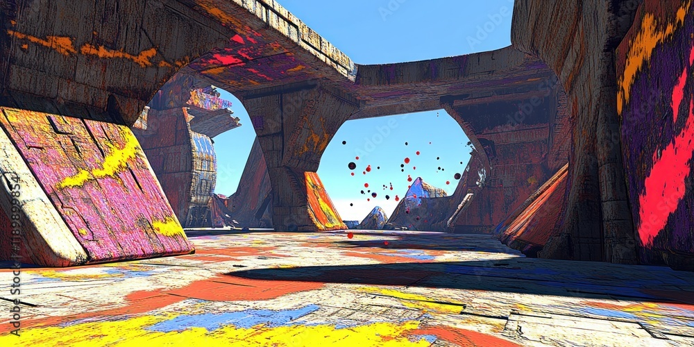 Poster vibrant abstract landscape with floating spheres in a futuristic geometric structure
