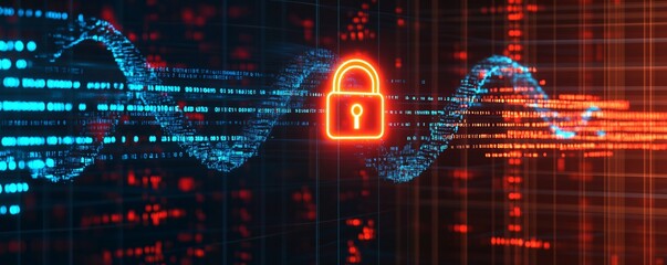 A futuristic representation of health data security, a glowing padlock symbol surrounded by encrypted medical codes and DNA helixes.