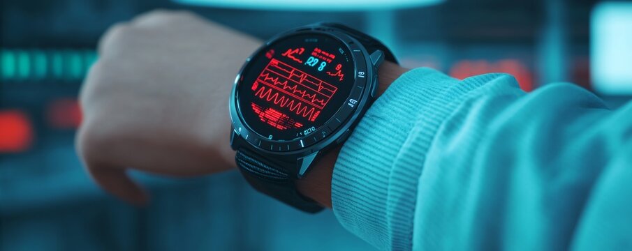 A futuristic wearable health monitoring device on a patient’s wrist, projecting a holographic interface displaying vital signs and fitness stats.