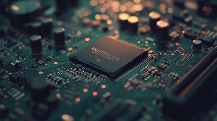 A dual GPU setup on a high-end motherboard, illuminated in soft light 