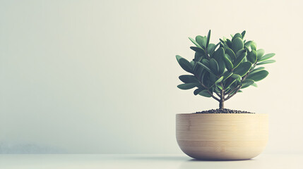 A small green plant in a light brown, round bamboo pot sits on a white surface against a muted green background. Minimalist and serene.