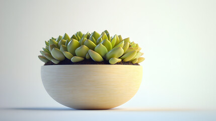 A vibrant green succulent plant thrives in a minimalist, light-beige, spherical pot.  The smooth, simple design complements the plant's natural beauty, creating a serene and modern aesthetic.