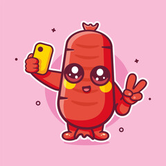 smiling sausage food character mascot taking a selfie with a smartphone isolated cartoon 