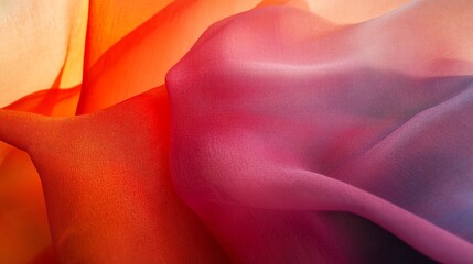 Vibrant Silk Fabric Flowing in Warm Hues of Orange and Purple Creating an Elegant Textile Display