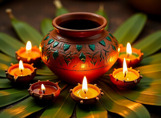 Oil lamps and pottery placed on a bed of leaves with a rustic background

