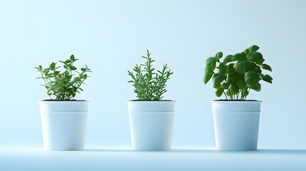 Three potted herbs: oregano, rosemary, and basil, sit in a row against a light blue background. Simple, clean aesthetic.
