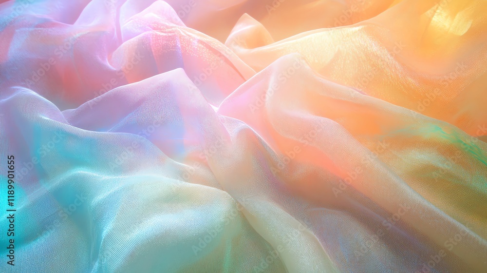 Poster colorful translucent fabric draped gently across a soft surface, creating a dreamy effect with paste